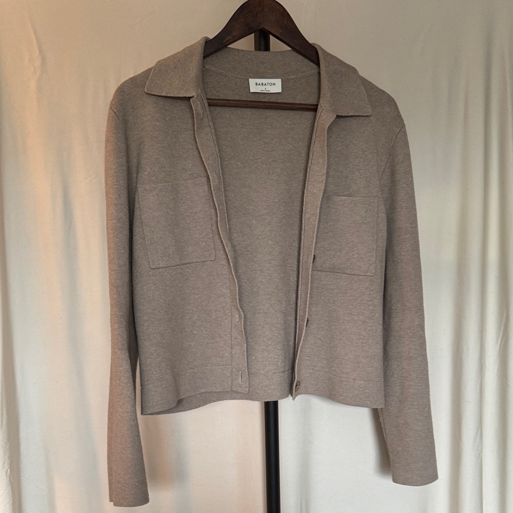Babaton Taupe Collared Knit Pocket Cardigan